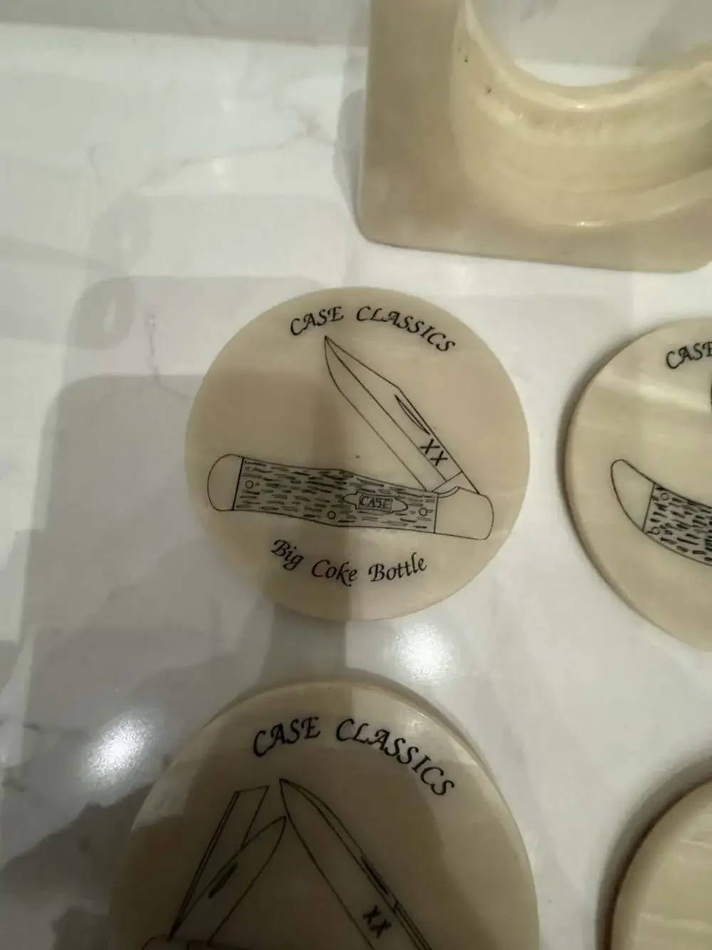 Case Classics Vintage Stone Coaster Set of 4 with Holder featuring Knife Models